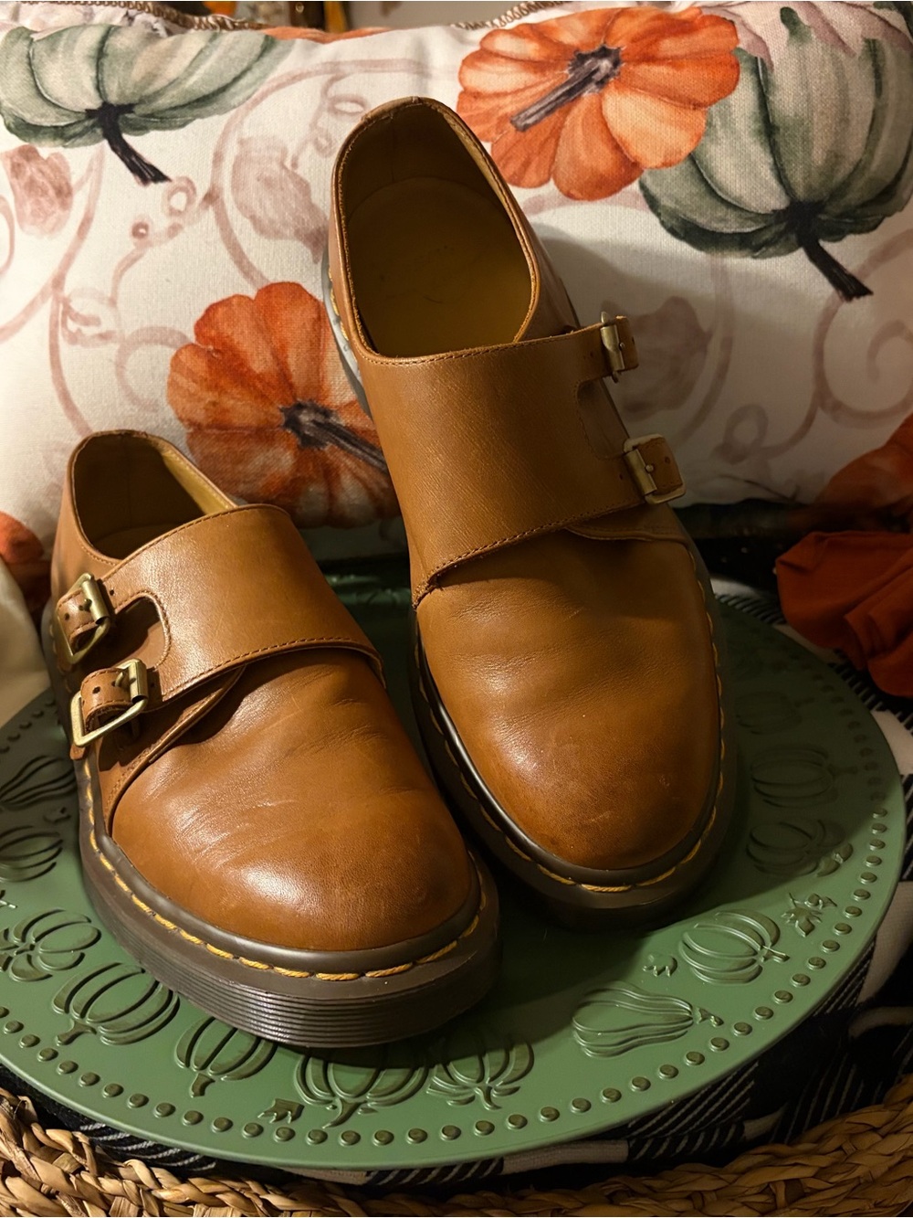 Dr. Martens Women's Tan Leather Double Monk Strap Mule Shoes